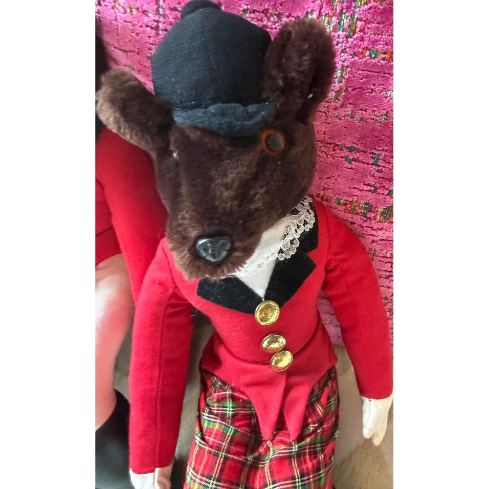Vintage Hanford's Inc Fox Plush Set English Hunt Club Red Coats Plaid Skirt 2pc - Picture 3 of 5